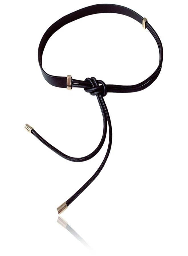 CALFOVERA PU Leather Skinnny Belt Black Knotted Thin Waist Belt Boho Elegant Adjustable Slim Leather Waist Band Strap Rope Waistbands with Gold Alloy Ends for Women Ladies Dresses Jeans Pants - Image 5